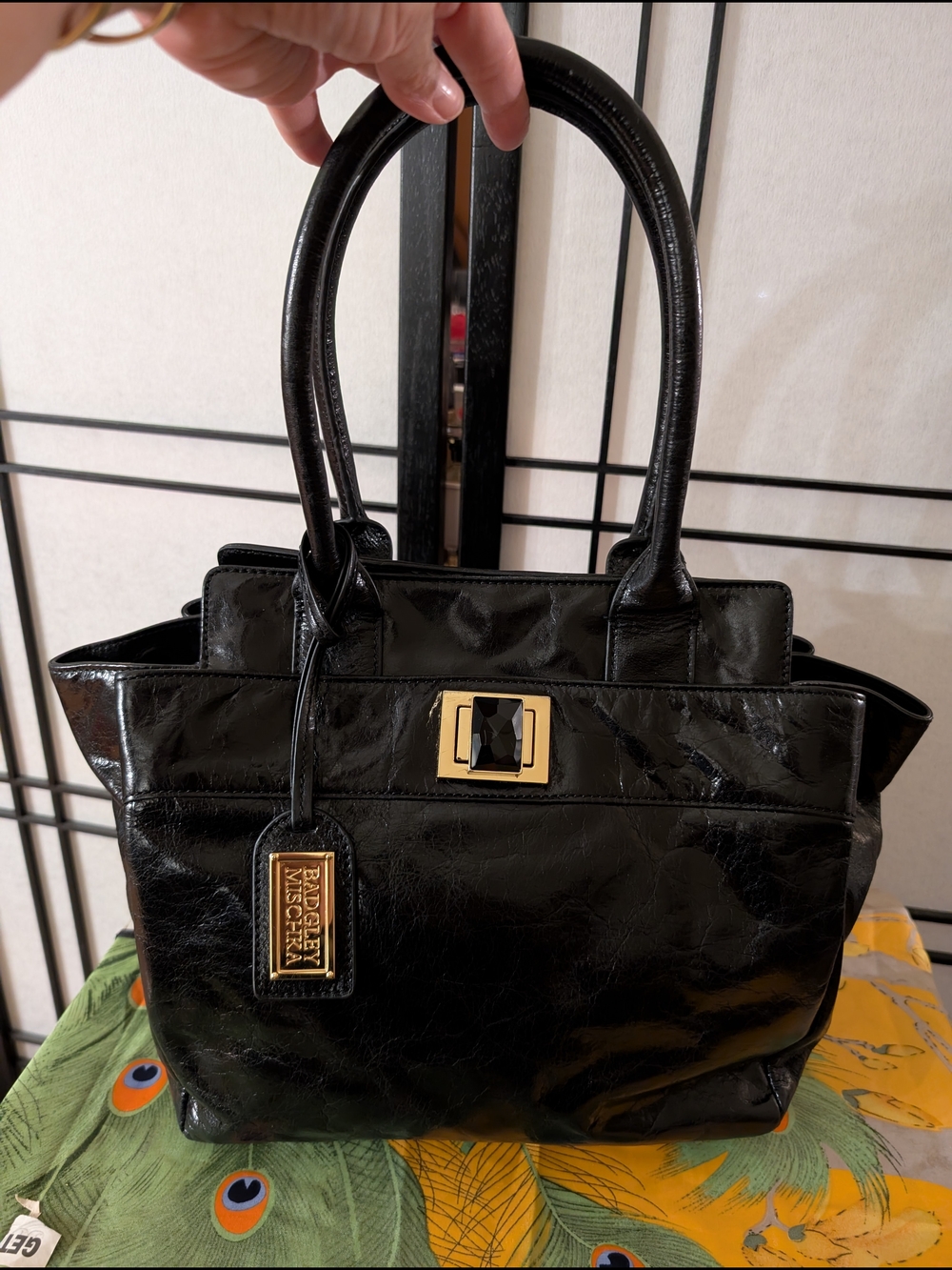 Badgley Mischka Black Leather Satchel Tote Gold Hardware Gem Turn Lock